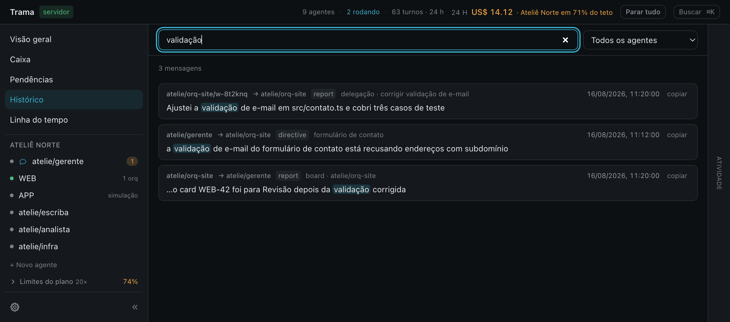 A busca do Trama com o termo “validação”: três mensagens encontradas, com o termo destacado e a conversa de origem indicada em cada uma.